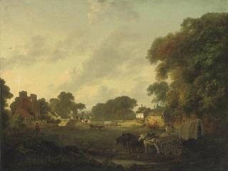 Julius Caesar Ibbetson - A rural landscape with villagers in horse-drawn carts and farm animals