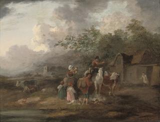 Julius Caesar Ibbetson - A wooded landscape with a family at rest on a track by a cottage