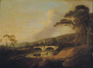Julius Caesar Ibbetson - Cows Near A River And Bridge Beyond