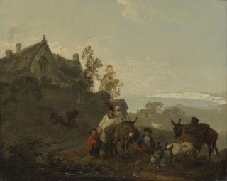 Julius Caesar Ibbetson - Figures and donkeys resting before Chale Manor, Isle of Wight, looking towards The Needles and Tennyson Down