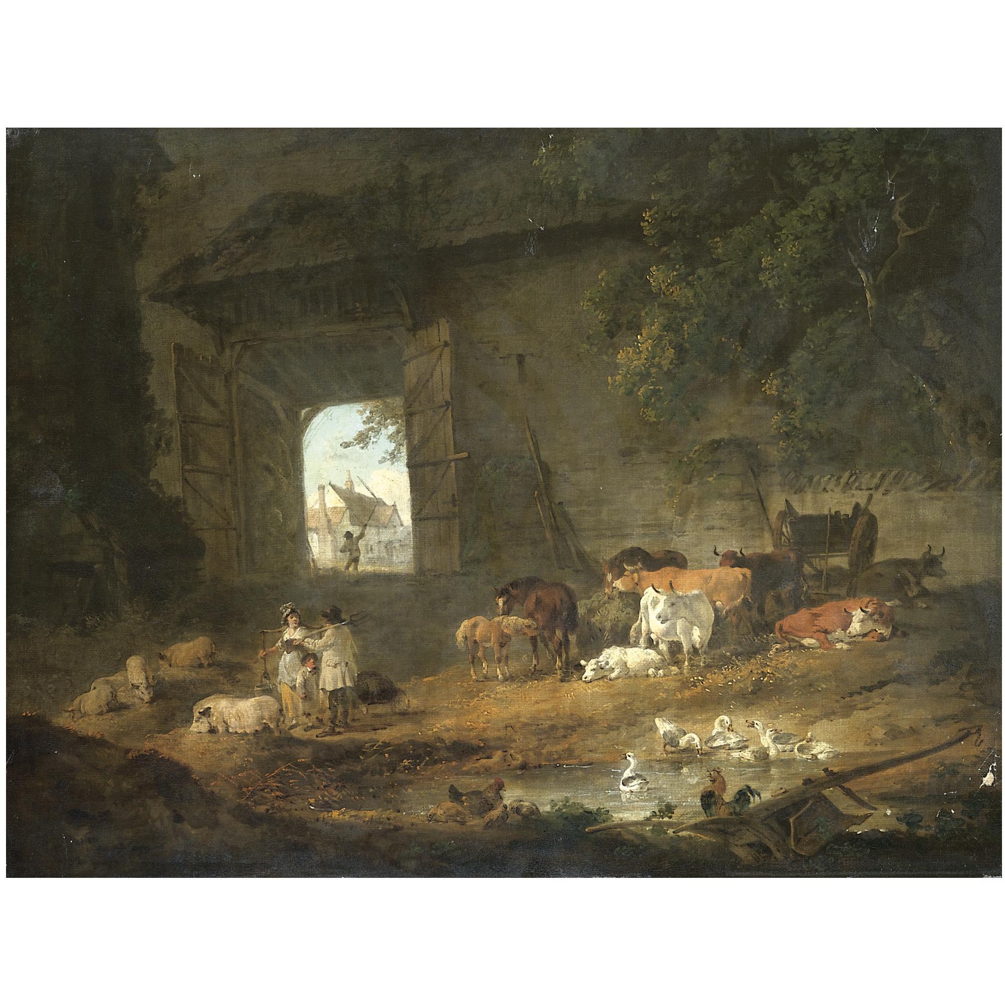 Julius Caesar Ibbetson - Figures And Livestock In A Barn, Wales