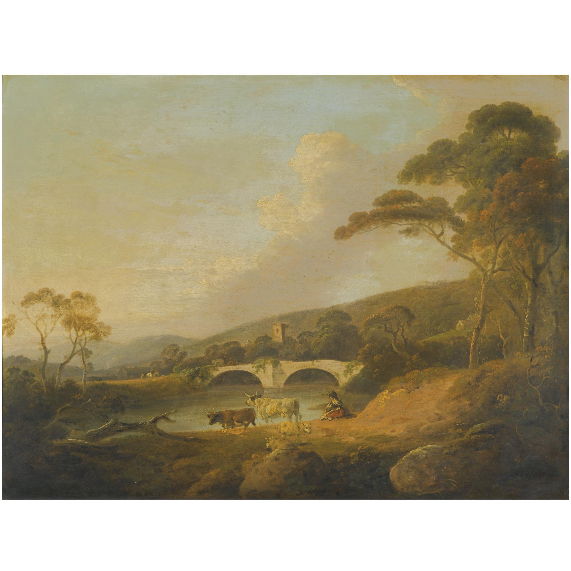 Julius Caesar Ibbetson - Landscape With Livestock And Figures Beside A River