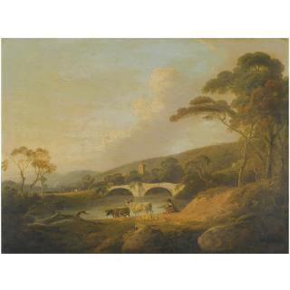 Julius Caesar Ibbetson - Landscape With Livestock And Figures Beside A River