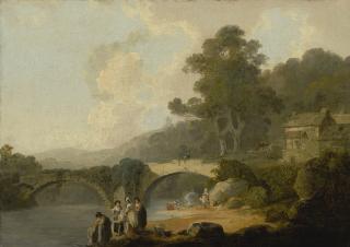 Julius Caesar Ibbetson - Landscape With Washerwomen In The Foreground, An Arched Bridge Beyond