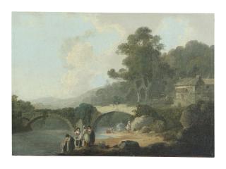Julius Caesar Ibbetson - Landscape With Washerwomen In The Foreground, An Arched Bridge Beyond
