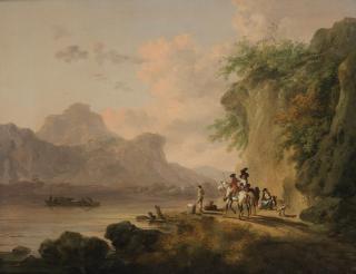 Julius Caesar Ibbetson - Langdale Pikes, with elegant travellers waiting for a ferry in the foreground