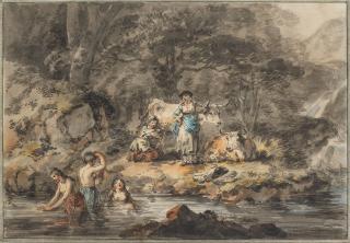 Julius Caesar Ibbetson - The Salmon fishery at Pont Aberglaslyn; and Milkmaids bathing in a river (2)