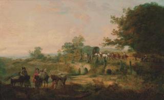Julius Caesar Ibbetson - Travellers resting in a wooded river landscape, a horse-drawn covered wagon beyond