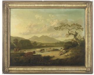 Julius Caesar Ibbetson - Two milkmaids resting on the bank of a river, with longhorn cattle, in a landscape