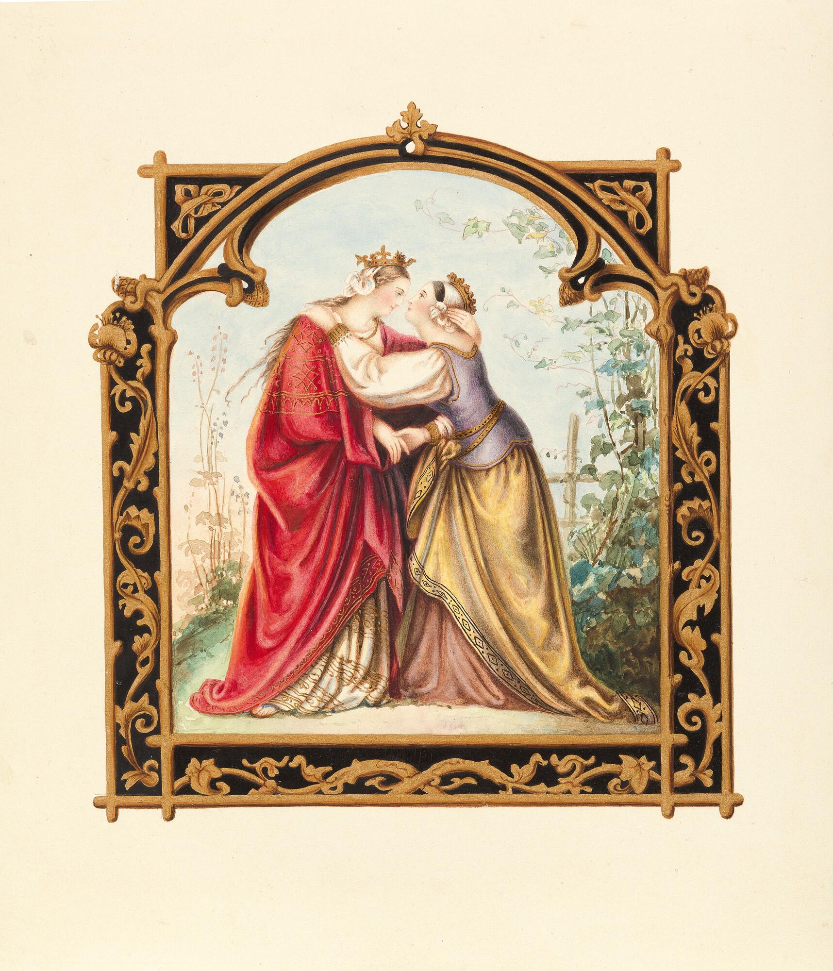 Julius Hübner - Kriemhild begrüßt Brunhild.