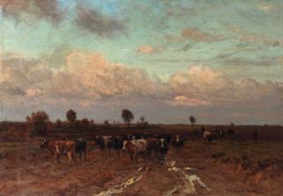 Julius Jacobus Van De Sande Bakhuyzen - A herdsman driving cattle through a heath landscape