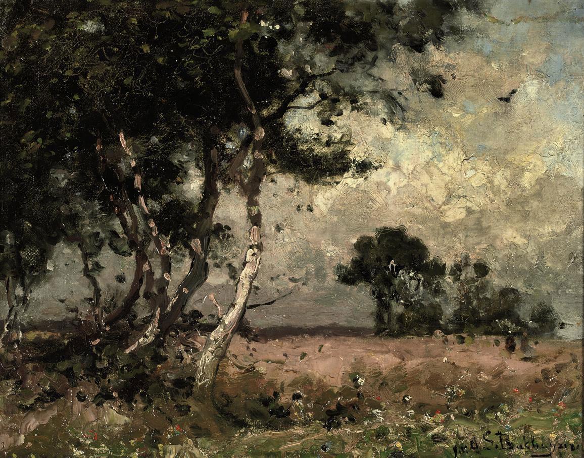 Julius Jacobus van de Sande Bakhuyzen - Birches along a hay field