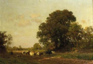 Julius Jacobus Van De Sande Bakhuyzen - Cows On A Sandy Track In A Wooded Landscape
