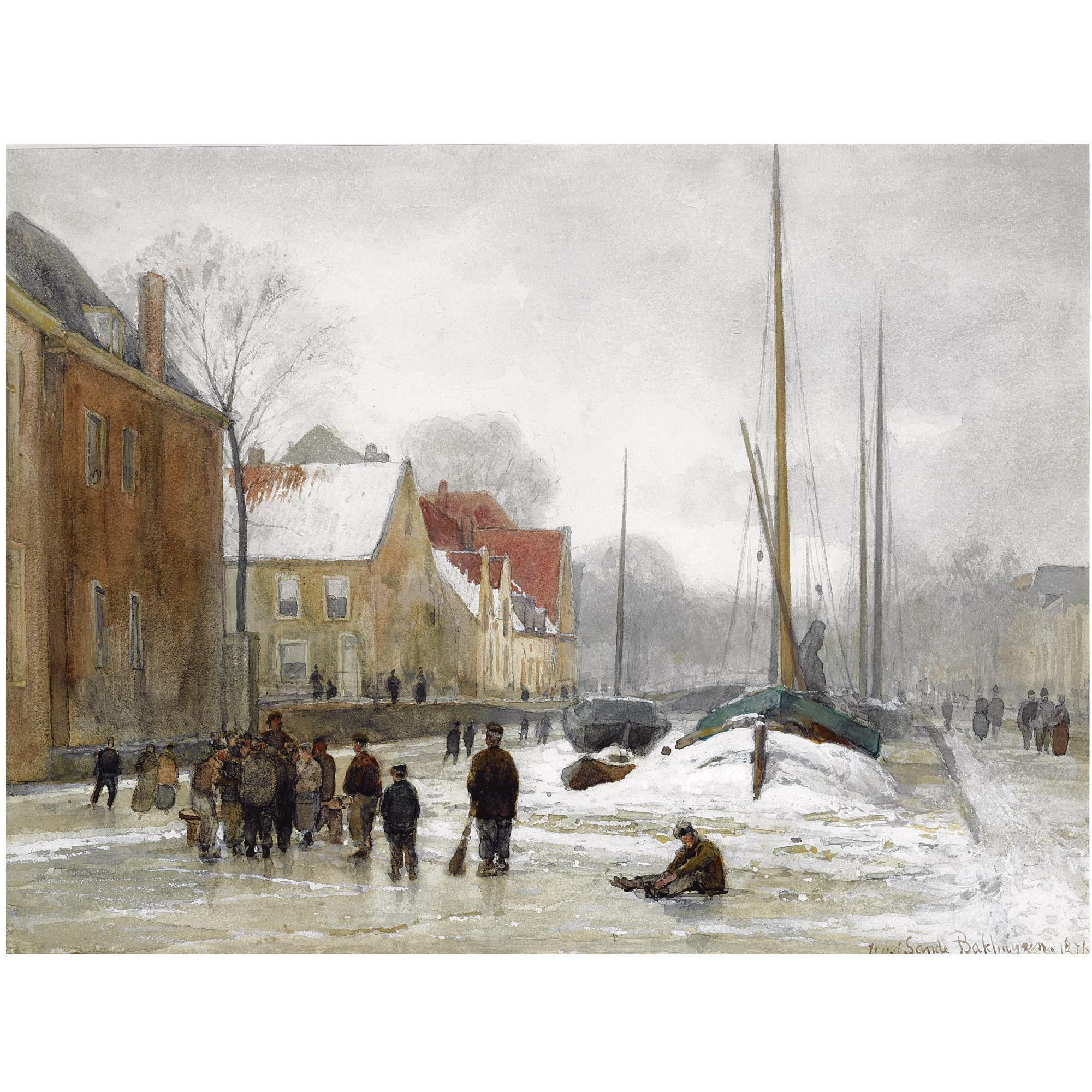 Julius Jacobus Van De Sande Bakhuyzen - Dutch Figures On A Frozen Canal In A Wintry Town
