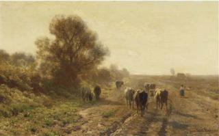Julius Jacobus van de Sande Bakhuyzen - Guiding the cattle along a path on a sunny afternoon