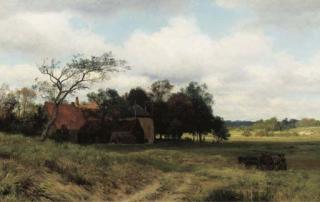 Julius Jacobus Van De Sande Bakhuyzen - Heading home: a farm amongst fields