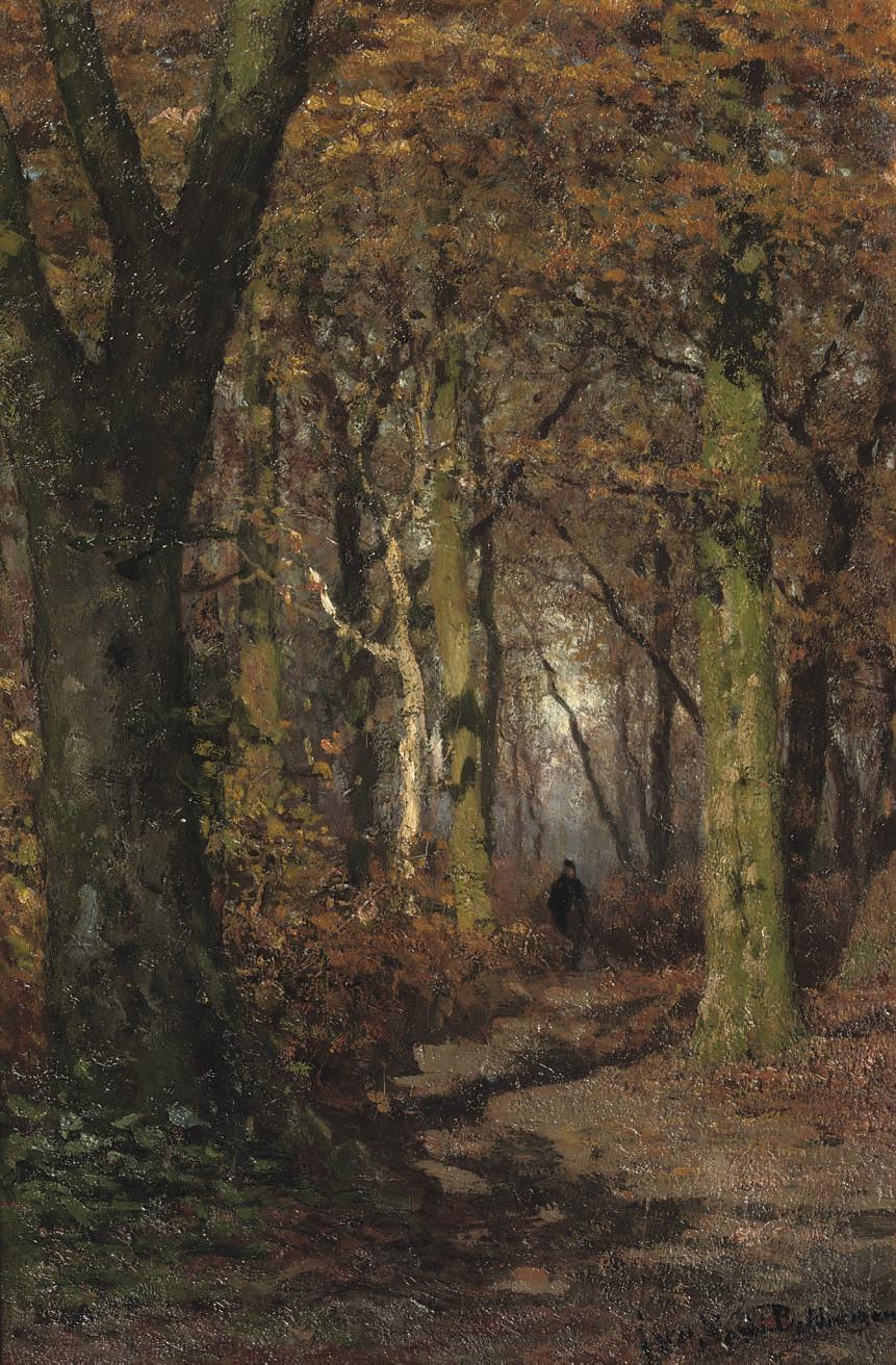 Julius Jacobus Van De Sande Bakhuyzen - Wandering through a forest in autumn