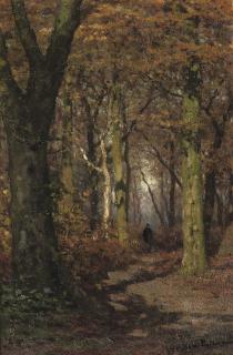 Julius Jacobus Van De Sande Bakhuyzen - Wandering through a forest in autumn