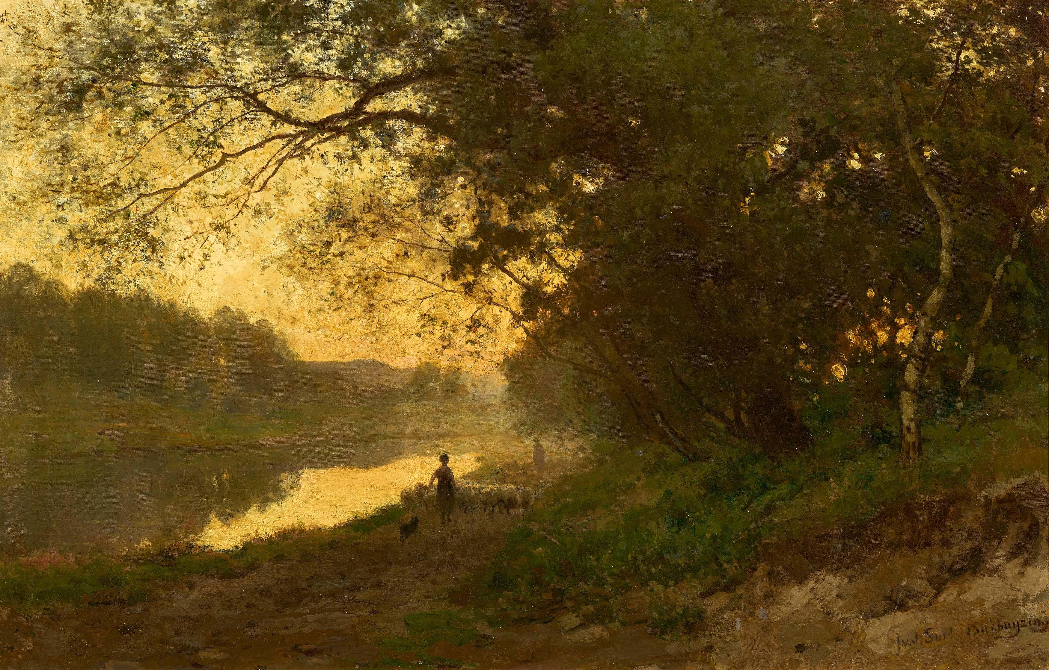 Julius Jakobus Van De Sande Bakhuyzen - Schafhirten am Fluss.