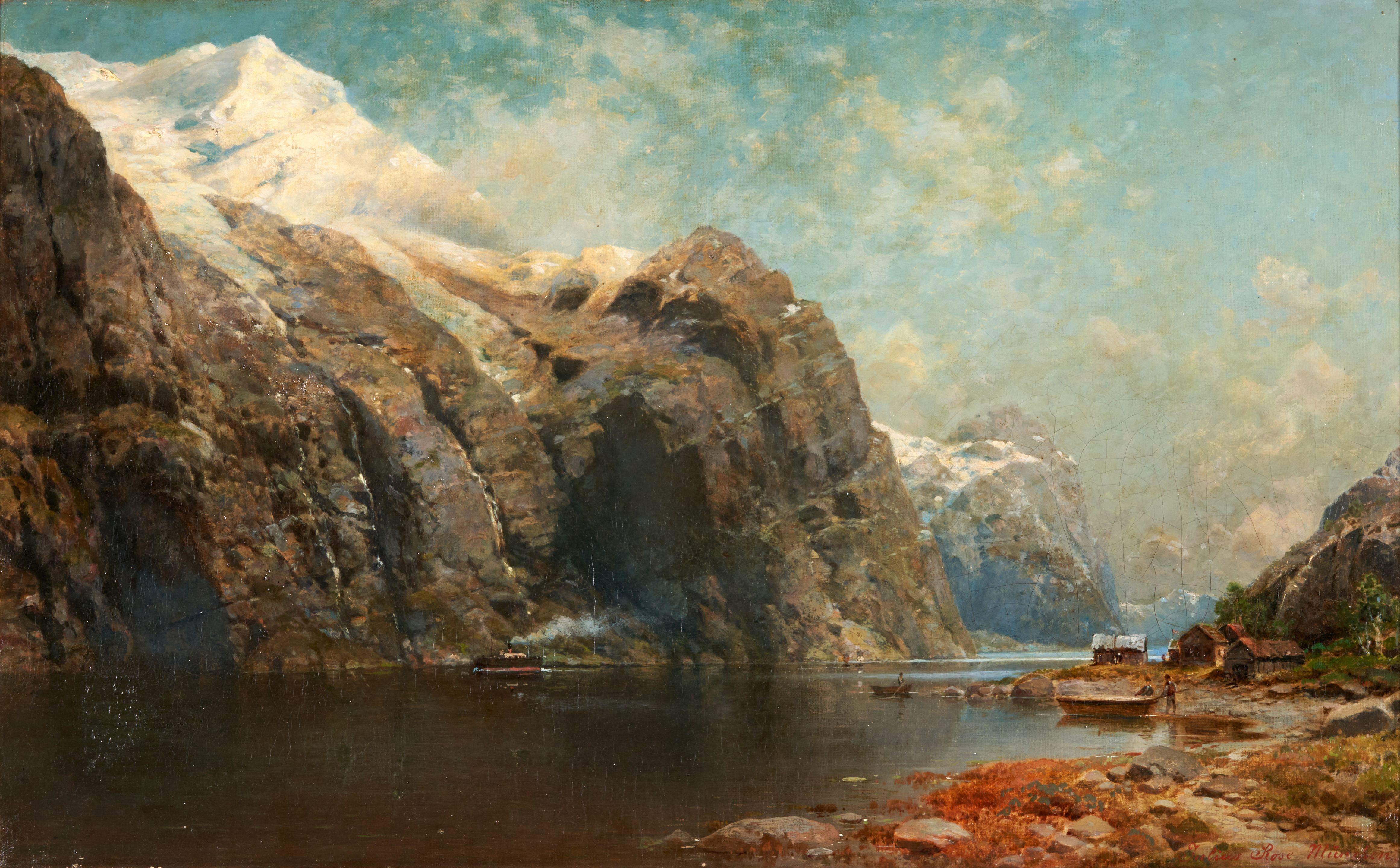 Julius Karl Rose - Figures on the Shores of an Alpine Lake framed 70.0 x 98.3 x 8.5 cm (27 1/2 x 38 11/16 x 3 3/8 in).