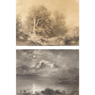 Julius Lange - Chiaro Di Luna Sul Lago Alpino; Scena Di Caccia Nel Bosco