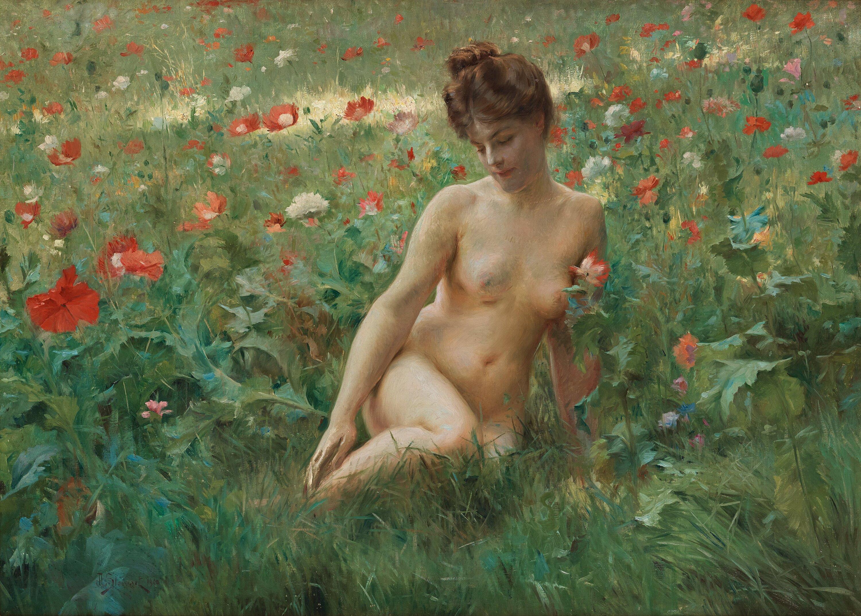 Julius Le Blanc Stewart - Poppy field with reclining nude