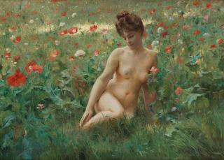 Julius Le Blanc Stewart - Poppy field with reclining nude