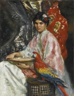 Julius Leblanc Stewart - American lady With A Parrot