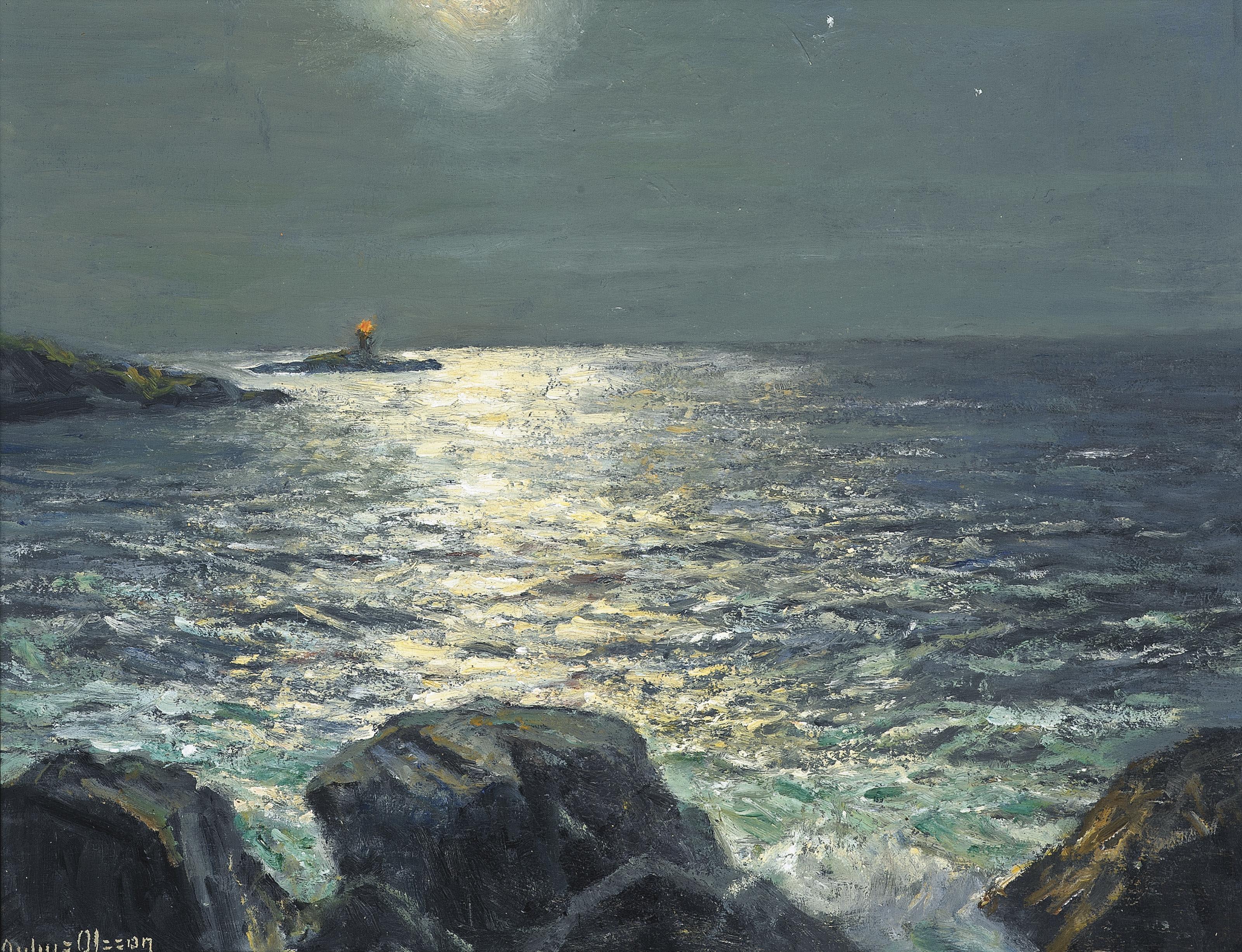 Julius Olsson, R.A., P.R.O.I. - A lighthouse at dusk