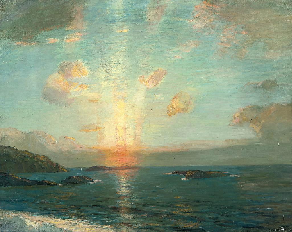 Julius Olsson, R.A., R.B.A., P.R.O.I., R.W.A., N.E - A tranquil sunset