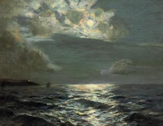 Julius Olsson, R.A., R.B.A., P.R.O.I., R.W.A., N.E - Clouded moon off Falmouth