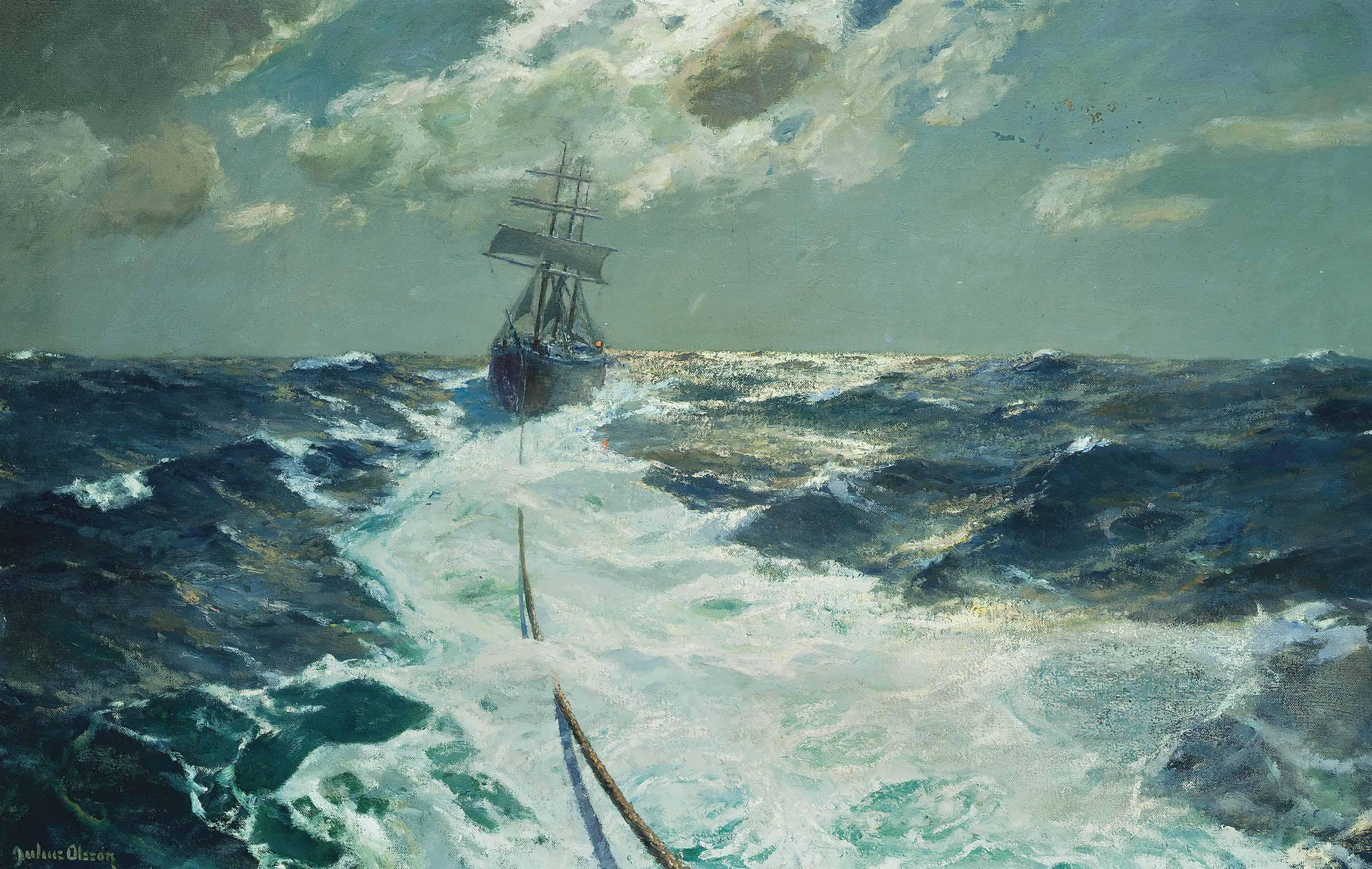 Julius Olsson, R.A., R.B.A., P.R.O.I., R.W.A., N.E - Under Tow On A Moonlit Night