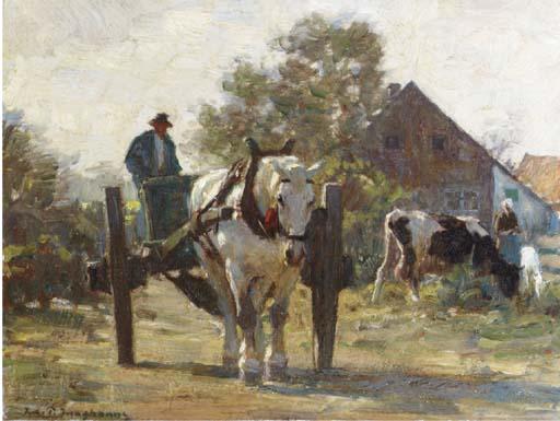 Julius Paul Junghanns - A horse-drawn cart with figures near a farmhouse