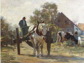 Julius Paul Junghanns - A horse-drawn cart with figures near a farmhouse