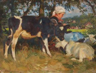 Julius Paul Junghanns - Junges Mädchen mit Kalb und Ziegen unter einem Baum
