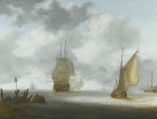 Julius Porcellis - A Calm Sea With A Man Of War And A Fishing Boat