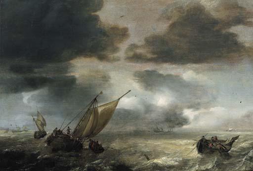 Julius Porcellis - A wijdschip lowering sails with fishermen in a rowing boat hauling in their nets, as a storm approaches