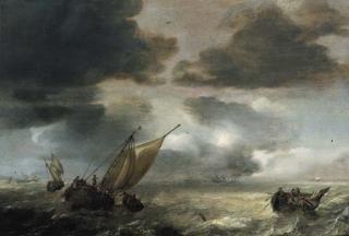 Julius Porcellis - A wijdschip lowering sails with fishermen in a rowing boat hauling in their nets, as a storm approaches