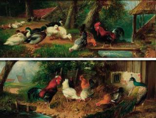 Julius Scheuerer - A cockerel, hens and a peacock before a barn ;and Ducks and chickens beside a stream