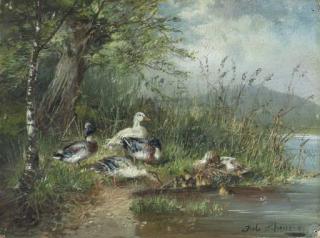 Julius Scheuerer - Ducks on a riverbank