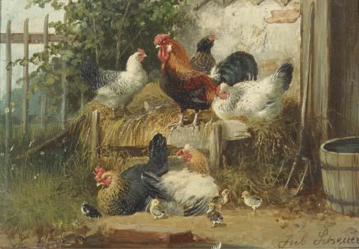 Julius Scheuerer - Poultry In A Farmyard