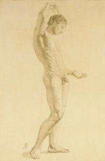 Julius Schnorr Von Carolsfeld - A nude in profile to the right, his right arm raised