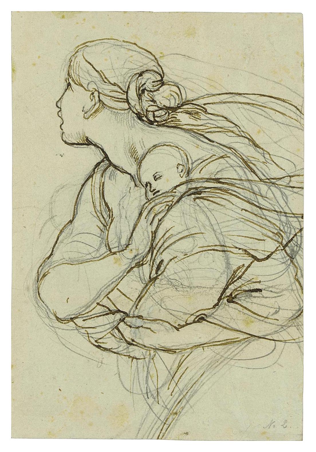 Julius Schnorr von Carolsfeld - A woman carrying a sleeping child (recto); Two studies of male figures (verso)