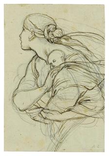 Julius Schnorr von Carolsfeld - A woman carrying a sleeping child (recto); Two studies of male figures (verso)