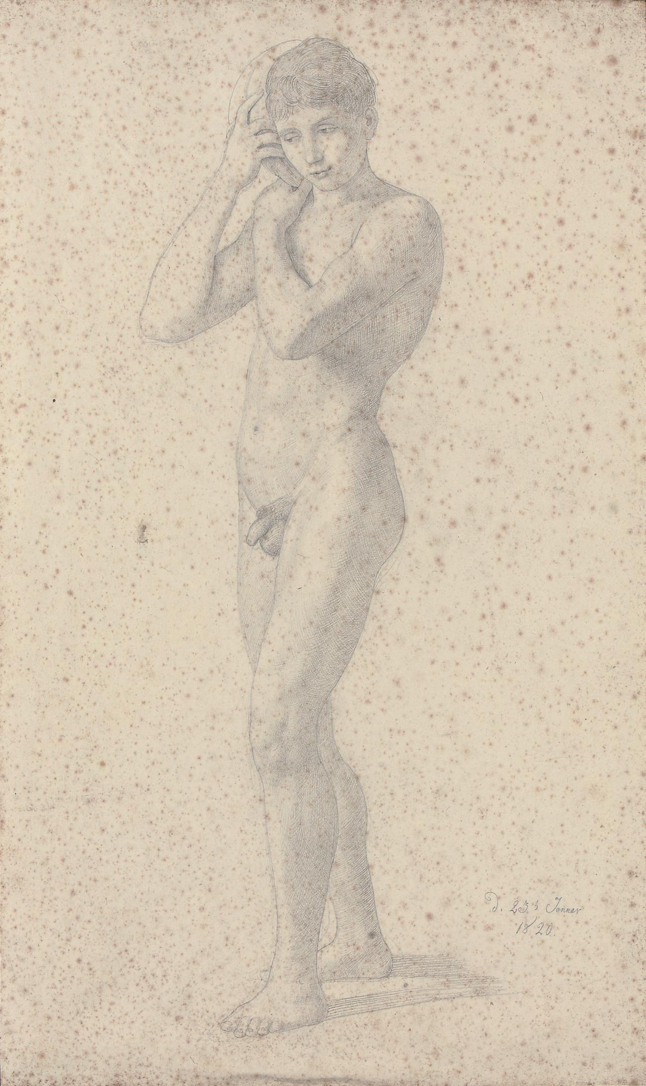 Julius Schnorr von Carolsfeld - A young male nude listening to the sound of the sea from a conch shell