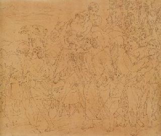 Julius Schnorr von Carolsfeld - Jakobs Flucht (1. Mose 31). Früher Entwurf für Blatt 35 der \