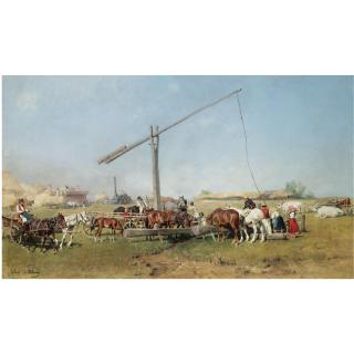 Julius Von Blaas - Austrian Pferdetränke In Ober-Ungarn (Horses Watering By A Well)