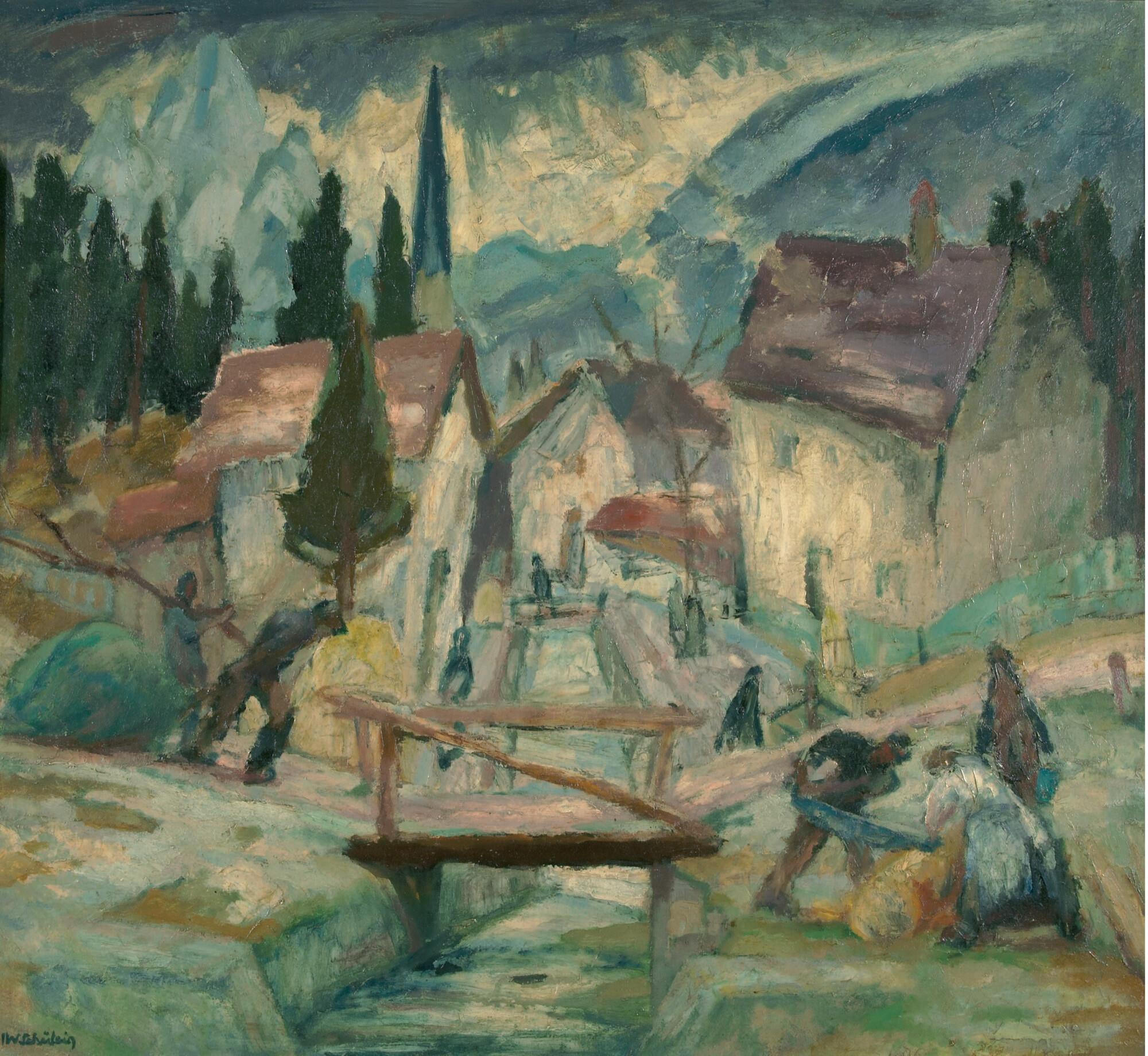 Julius Wolfgang Schülein - Am Bach in einem Bergdorf.