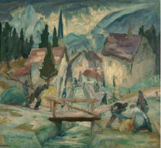 Julius Wolfgang Schülein - Am Bach in einem Bergdorf.