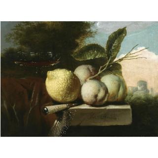 Juriaan van Streek - A Still Life Of A Lemon, Peaches, A Venetian Glass And A Knife, All On A Stone Ledge Draped With A Red Cloth, In A Landscape
